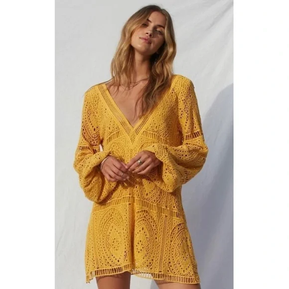 Jen's Pirate Booty Jasmine Crochet Mini Dress Small Yellow Orange Bell Sleeve - Picture 3 of 13